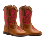 BOTA TEXANA FEMININA INFANTIL CARAMELO BORDADO ROSA