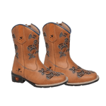 BOTA TEXANA FEMININA JUVENIL CARAMELO BORDADO LASER AZUL