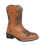 BOTA TEXANA FEMININA JUVENIL CARAMELO BORDADO LASER AZUL