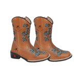 BOTA TEXANA FEMININA JUVENIL CARAMELO BORDADO LASER AZUL