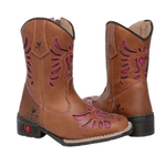 BOTA TEXANA FEMININA JUVENIL CARAMELO BORDADO LASER PINK