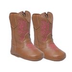 BOTA BEBE TEXANA EM COURO WHISKY COM BORDADO ROSA