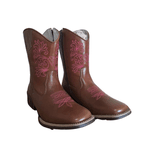 BOTA TEXANA FEMININA FÓSSIL CARAMELO BORDADO ROSA