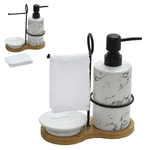 Kit Sabonete Liquido Suporte E Toalha Banheiro Branco Marmorizado
