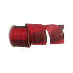 Fita Natalina Aramada 6,3cm Xadrez Vermelho e Verde Fio Dourado 9,14m