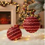 Jogo 2 Bolas de Natal Decorada Vermelho e Branco Brilho 12cm