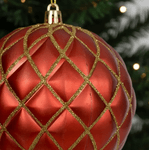 Jogo 3 Bolas Natal Arabesco Vermelho Brilho Dourado 10cm