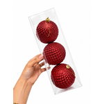Jogo 3 Bolas de Natal Decorada Vermelho Brilho 10cm Natal