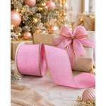 Fita Aramada Natal 6,3cm Rosa Detalhes Dourado 9,14m