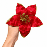 Flor Natalina Poinsetia Vermelha Com Brilho Dourado