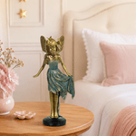 Escultura Decor Poliresina Menina Fada Azul Dourado 25cm