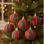 Jogo 6 Bolas Decoradas De Natal Vermelho Xadrez Verde 8cm