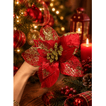 Flor Natalina Poinsetia Veludo Vermelho Com Dourado