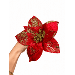 Flor Natalina Poinsetia Veludo Vermelho Com Dourado