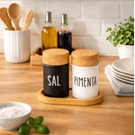 Saleiro E Pimenteiro Vidro Base Tampa Bambu 90ml Doha 3 Pçs