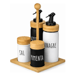 Galheteiro 5 Peças Com Suporte Bambu Saleiro Pimenteiro Doha