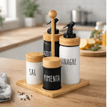 Galheteiro 5 Peças Com Suporte Bambu Saleiro Pimenteiro Doha