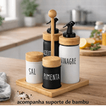 Galheteiro 5 Peças Com Suporte Bambu Saleiro Pimenteiro Doha