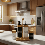 Galheteiro 5 Peças Com Suporte Bambu Saleiro Pimenteiro Doha