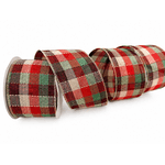 Fita Natalina Aramada 6,3cm Xadrez Vermelho Com Verde E Bege 9,14m