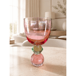 Jogo De 6 Taças Vidro Rosa Base Diamante Verde e Esfera em Cristal Rosa