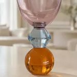 Jogo De 6 Taças Vidro Rosa Base Diamante Azul e Esfera em Cristal Ambar