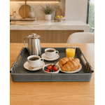 Bandeja Decorativa Alça Em Metal Couro Sintético Cinza 45cm