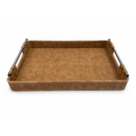 Bandeja Decorativa Alça Em Metal Couro Sintético Marrom 45cm
