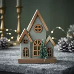 Enfeite De Natal Casinha Decorativa Madeira E Led Verde 16cm
