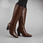 Bota Feminina Cano Alto Bico Fino com Salto Bloco em Couro Legitimo