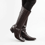 Bota Feminina Montaria Couro Legítimo Detalhe Em Dourado