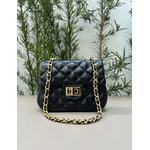 Bolsa Kiara Pequena Couro Preto com Ferragens Dourada