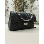 Bolsa Kiara Média Chevron Couro Preto com Ferragens Prata