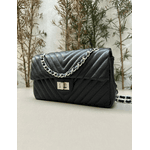 Bolsa Kiara Média Chevron Couro Preto com Ferragens Prata
