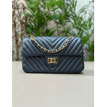 Bolsa Kiara Média Chevron Couro Azul Marinho com Ferragens Douradas