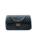 Bolsa Kiara Média Chevron Couro Azul Marinho com Ferragens Douradas