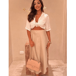 Bolsa Kiara Média Chevron Couro Nude com Ferragens Douradas
