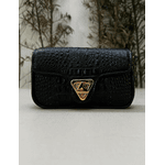 Bolsa Giulia Couro Croco Preto com Ferragens Douradas