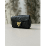 Bolsa Giulia Couro Croco Preto com Ferragens Douradas