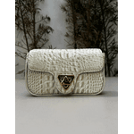 Bolsa Giulia Couro Croco Off White com Ferragens Douradas 
