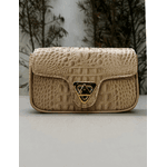 Bolsa Giulia Couro Croco Nude com Ferragens Douradas