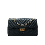 Bolsa Kiara Média Chevron Couro Preto com Ferragens Douradas