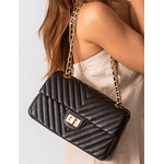 Bolsa Kiara Média Chevron Couro Preto com Ferragens Douradas
