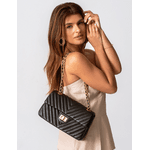 Bolsa Kiara Média Chevron Couro Preto com Ferragens Douradas