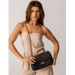 Bolsa Kiara Média Chevron Couro Preto com Ferragens Douradas