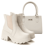 Kit Coturno Bota Chelsea E Bolsa Lorena Couro Legítimo Off-White