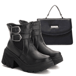 Kit Bota Chelsea Coturno Botinha E Bolsa Lorena Couro Legítimo Preto