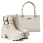 Kit Coturno Bota Chelsea E Bolsa Lorena Couro Legítimo Off-White