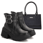 Kit Coturno Bota Chelsea E Bolsa Lorena Couro Legítimo Preto