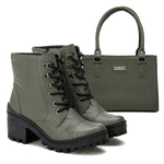 Kit Bota Coturno Tratorado E Bolsa Em Couro Legítimo Verde Militar
